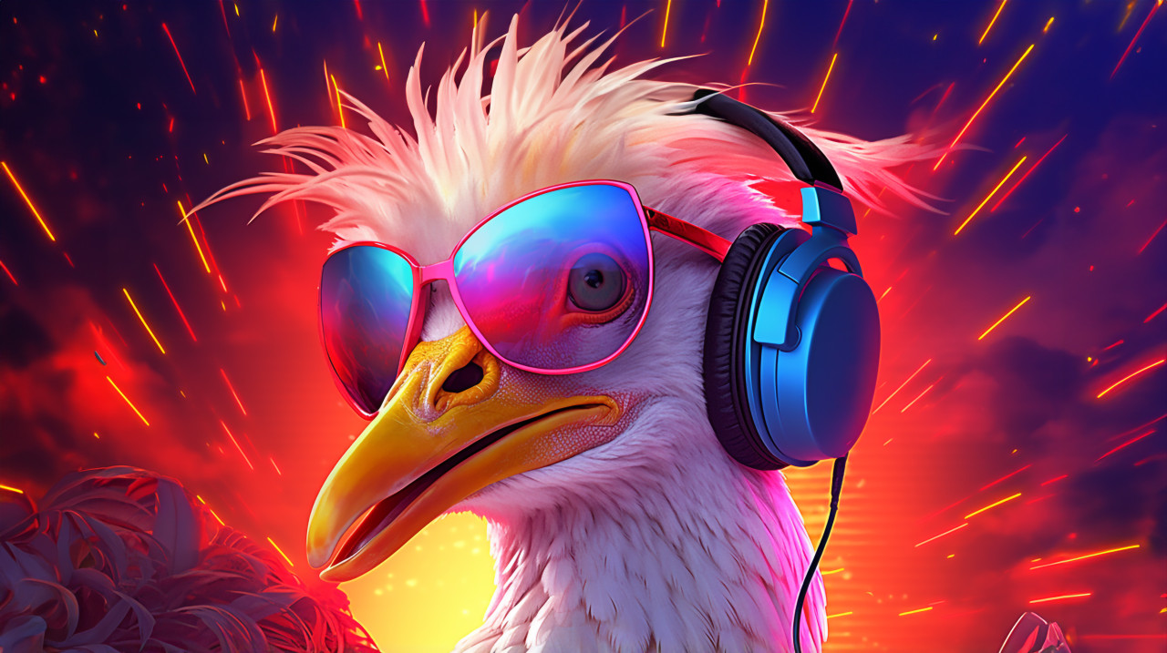 Goose in headphones and glasses, synthwave style art