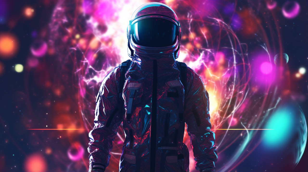 Space man standing in an abstract galaxy background, synthwave style art