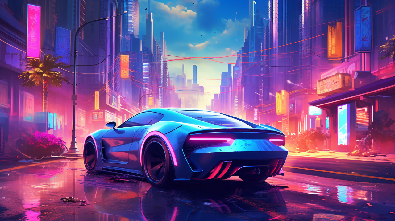A blue car and city in an digital picture, synthwave style art
