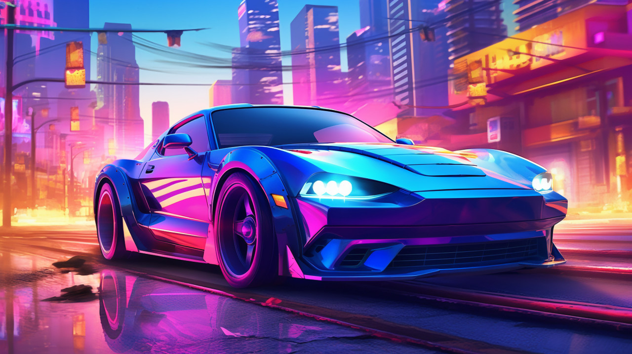 Blue sedan in urban landscape, synthwave style art