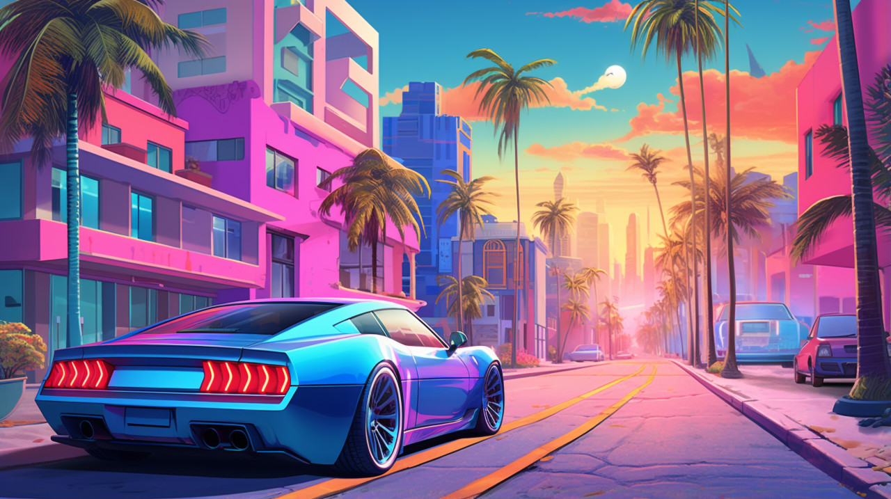 A blue car is driving down a street with palm trees, synthwave style art
