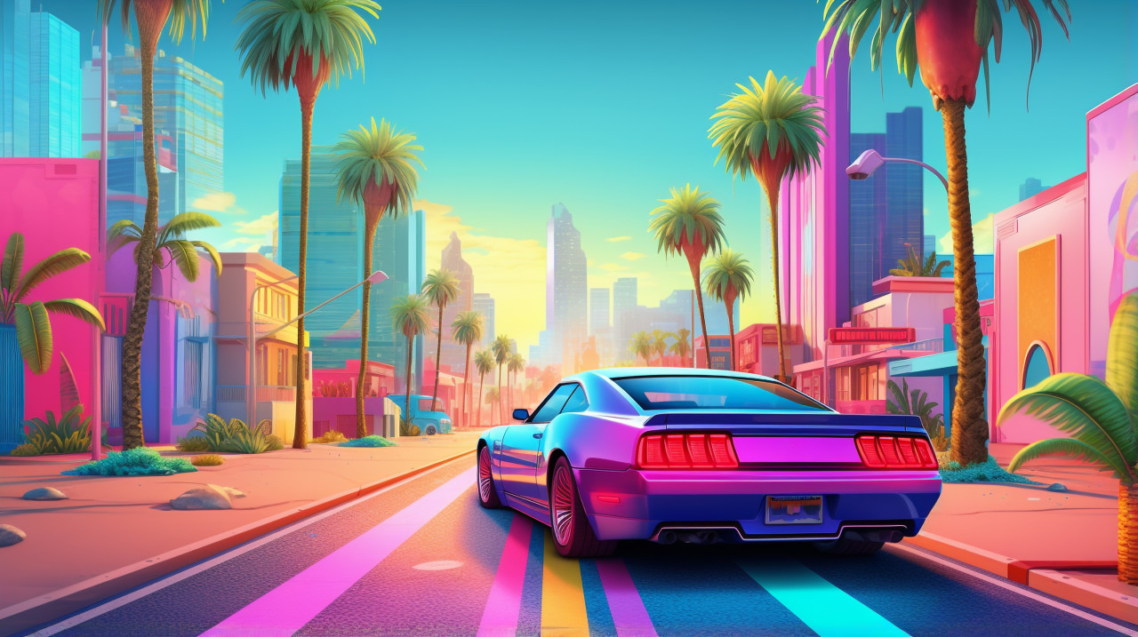 Blue convertible driving through palm trees, synthwave style art