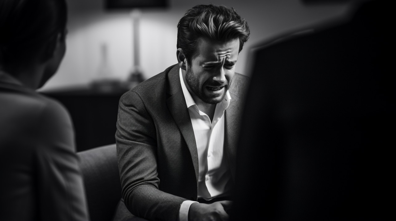 The therapists office is dimly lit, mental health