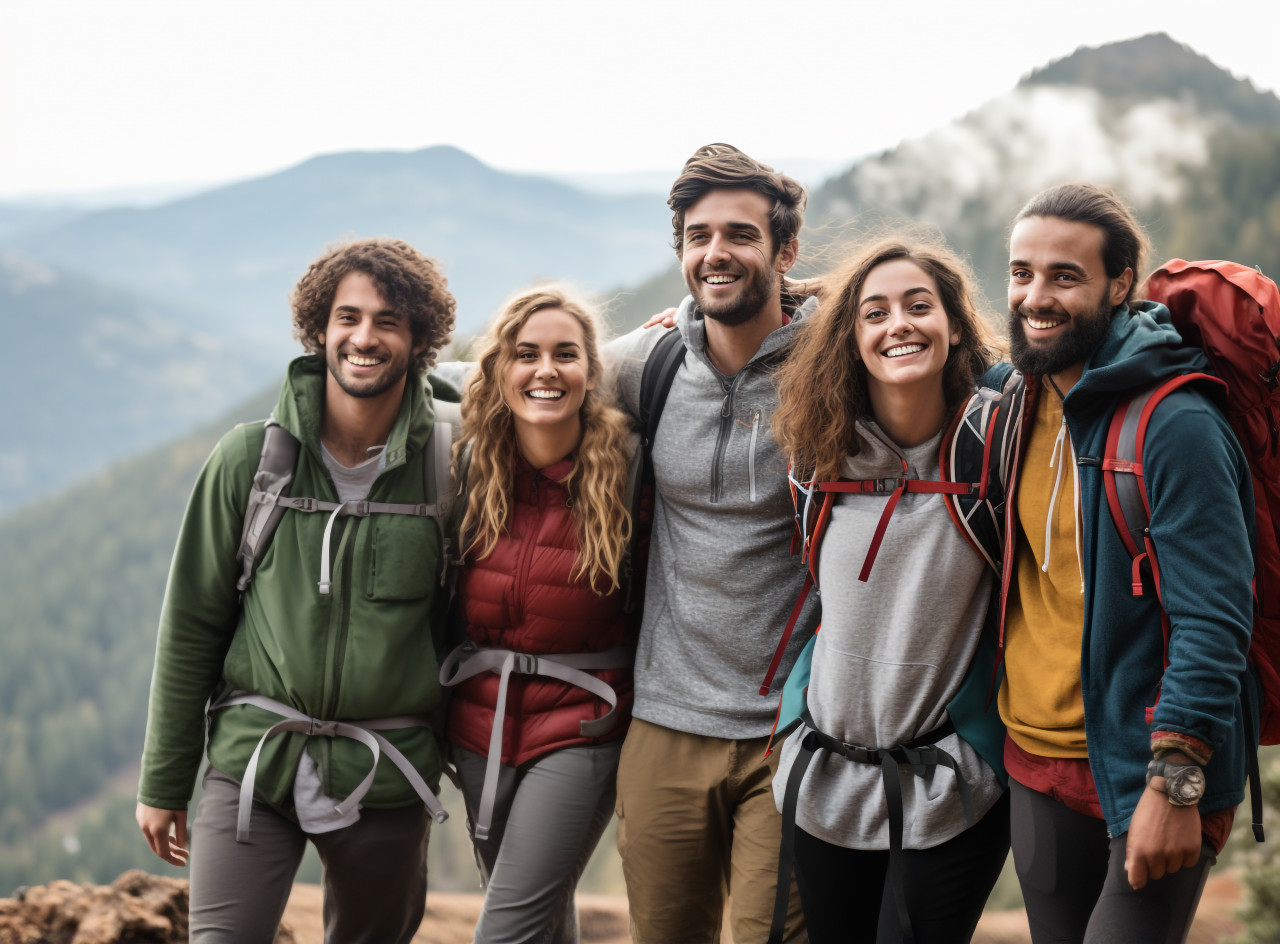 A group of friends hiking together in the mountains, mental health