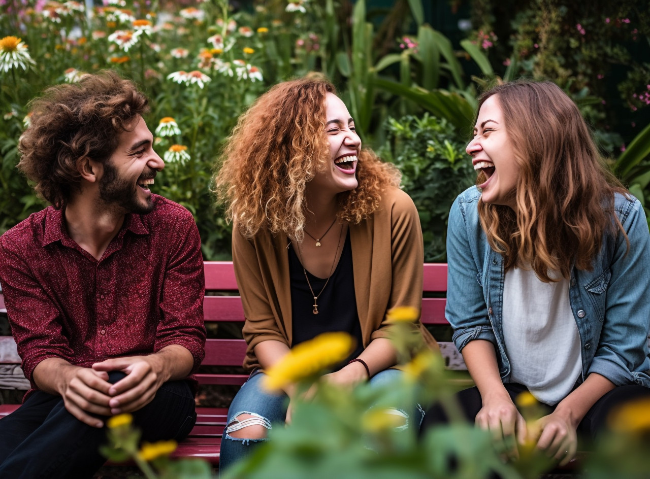 Friends chatting on park bench, mental health