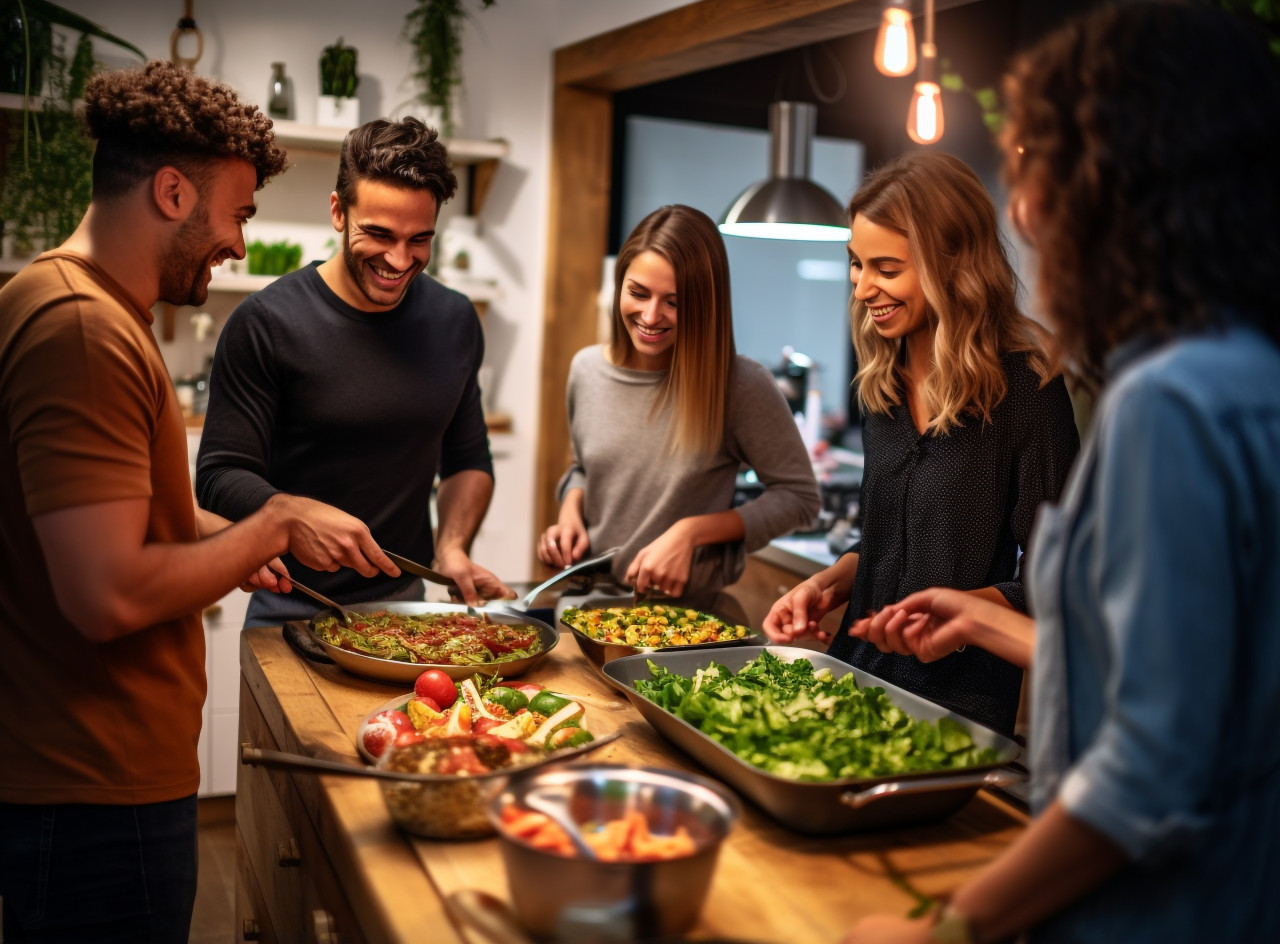 A group of friends cooking dinner together in the kitchen, mental health