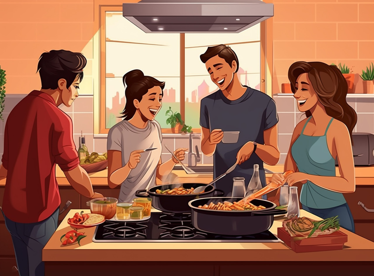 Friends having fun cooking dinner, mental health
