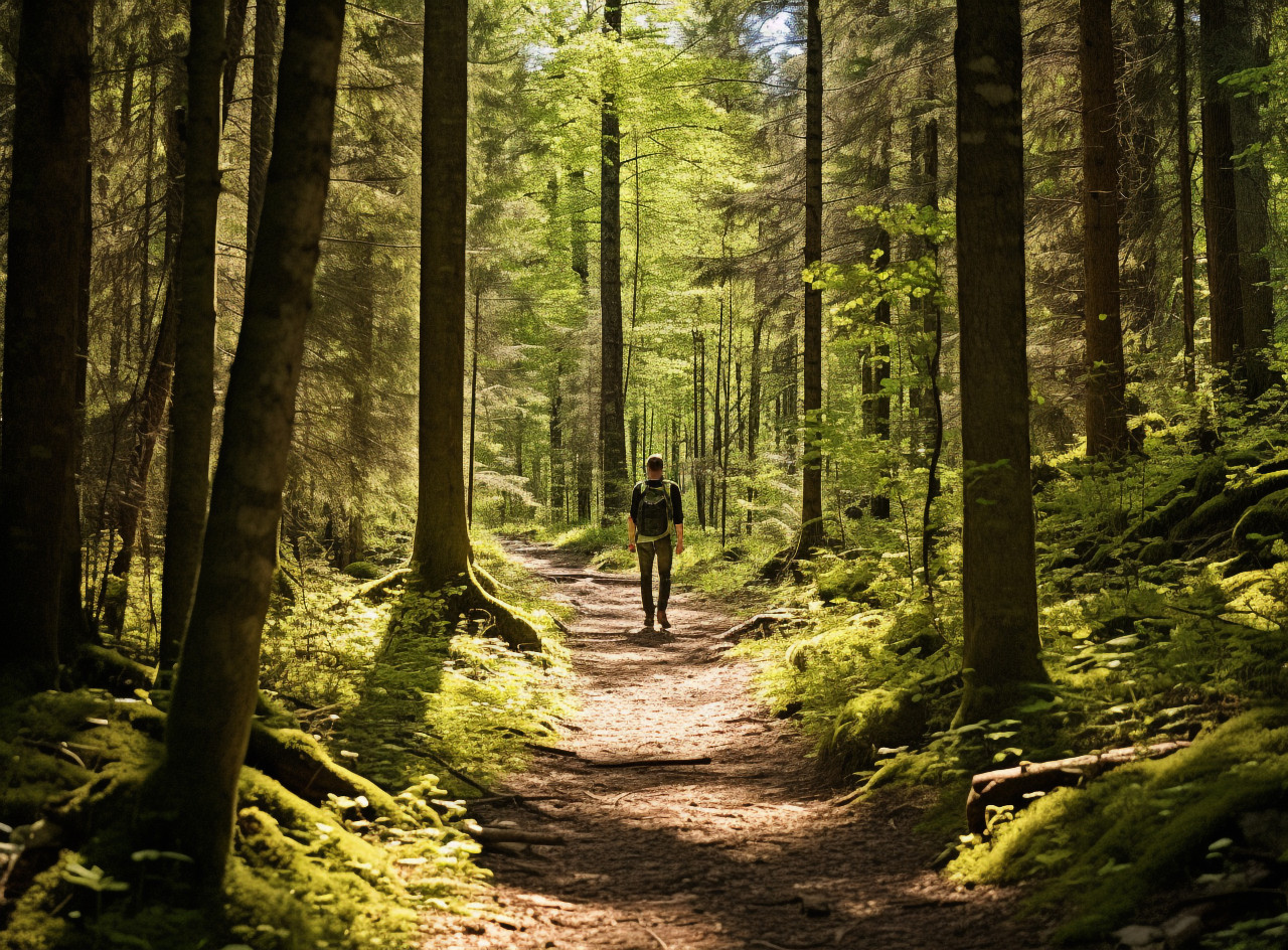 Man taking a stroll in tranquil forest, mental health