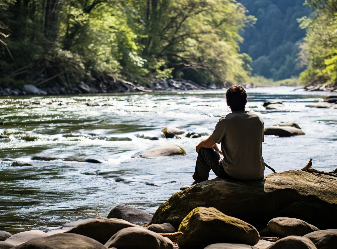 A person sitting on a rock by a river enjoying the sound of the water, mental health