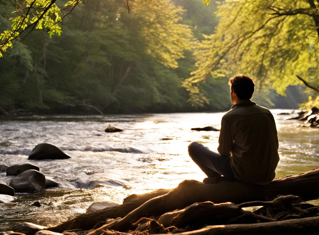 Woman enjoying nature sounds by river, mental health