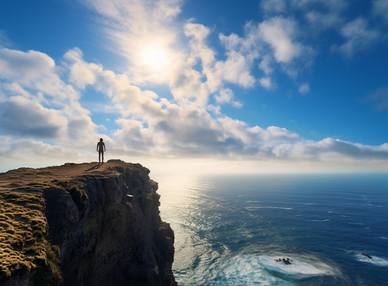 A person standing on a cliff overlooking the ocean, mental health