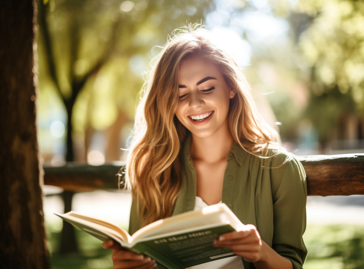 A young woman sits on a bench in a park reading a self-help book, mental health