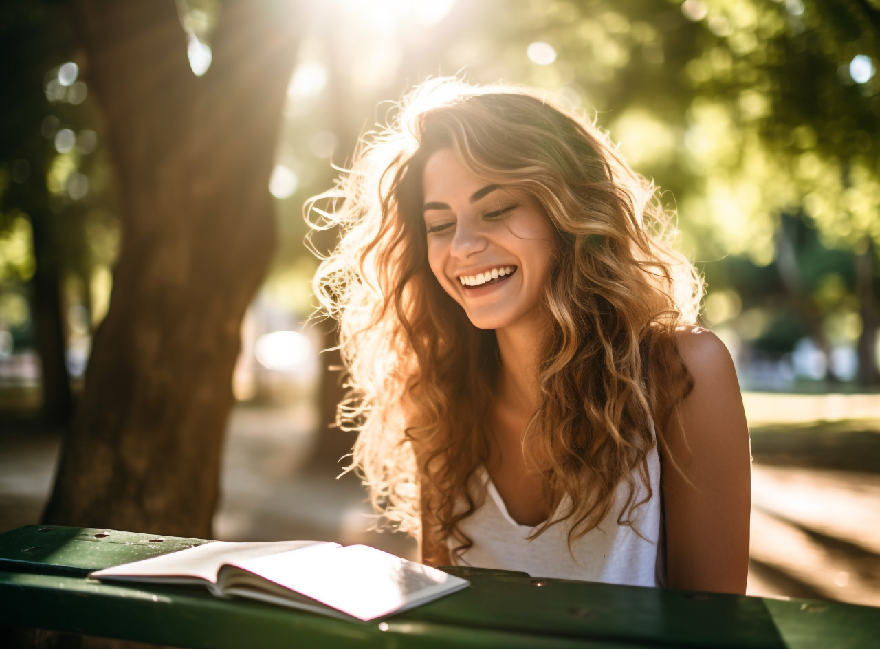 Young woman finds peace and quiet in park, mental health