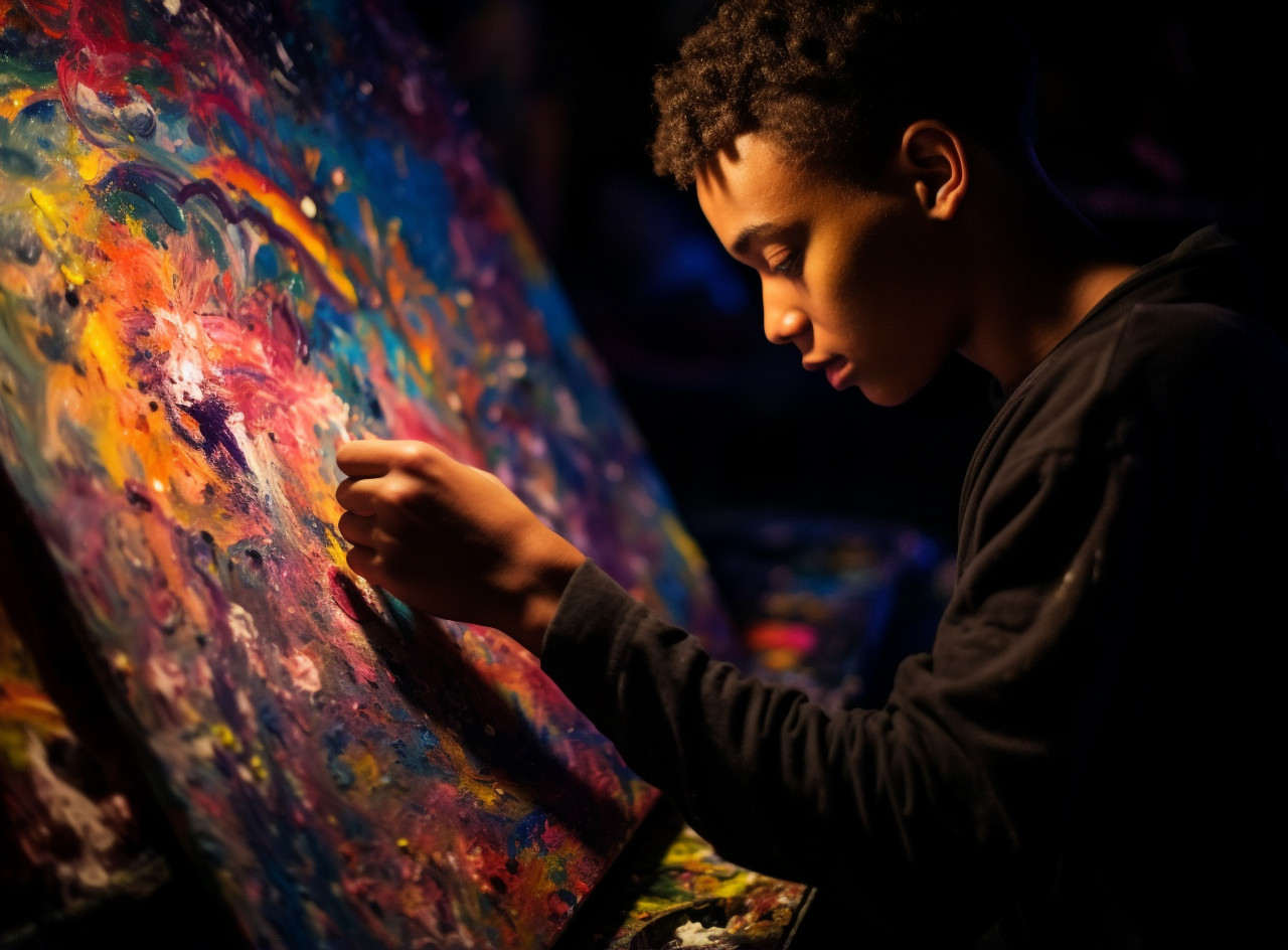 A close-up portrait of a person painting in a dark room, mental health