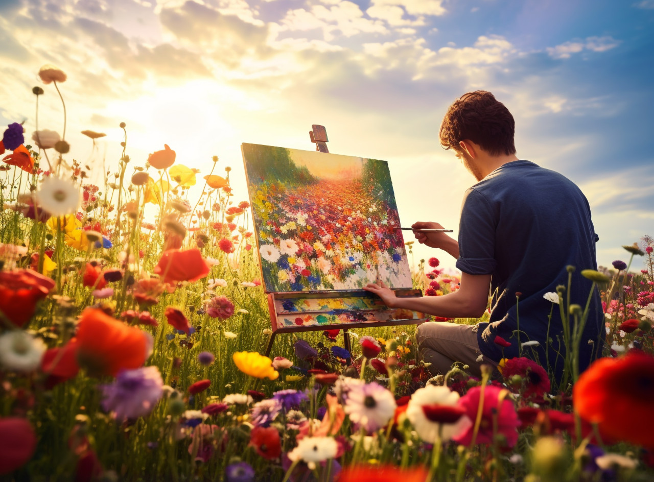 A wide-angle shot of a person painting in a field of flowers, mental health