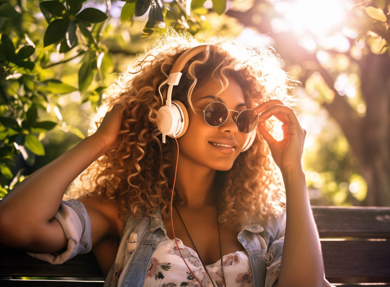 A young woman sits on a park bench listening to music on her headphones, mental health