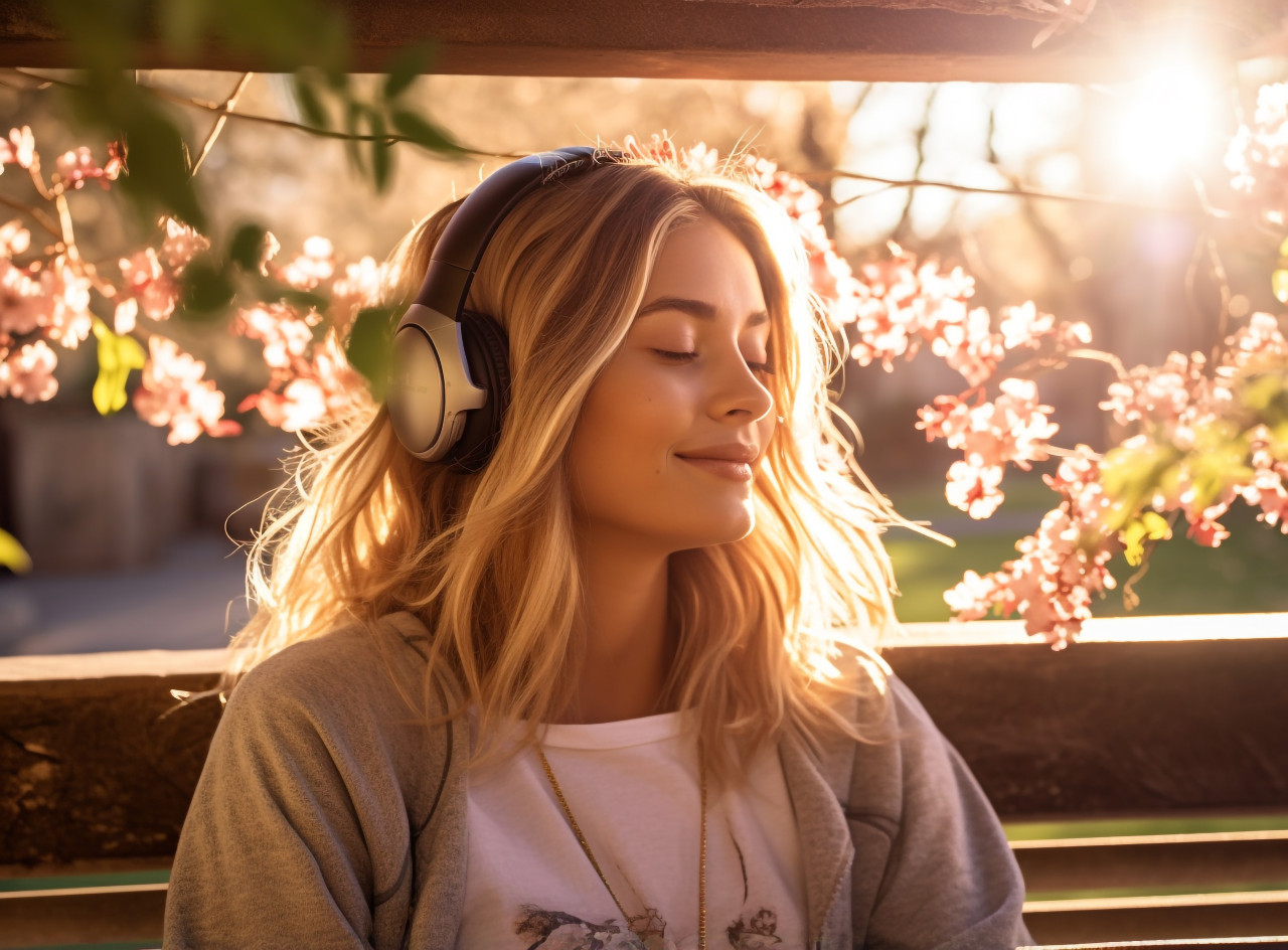 Woman relaxes in park with headphones, mental health
