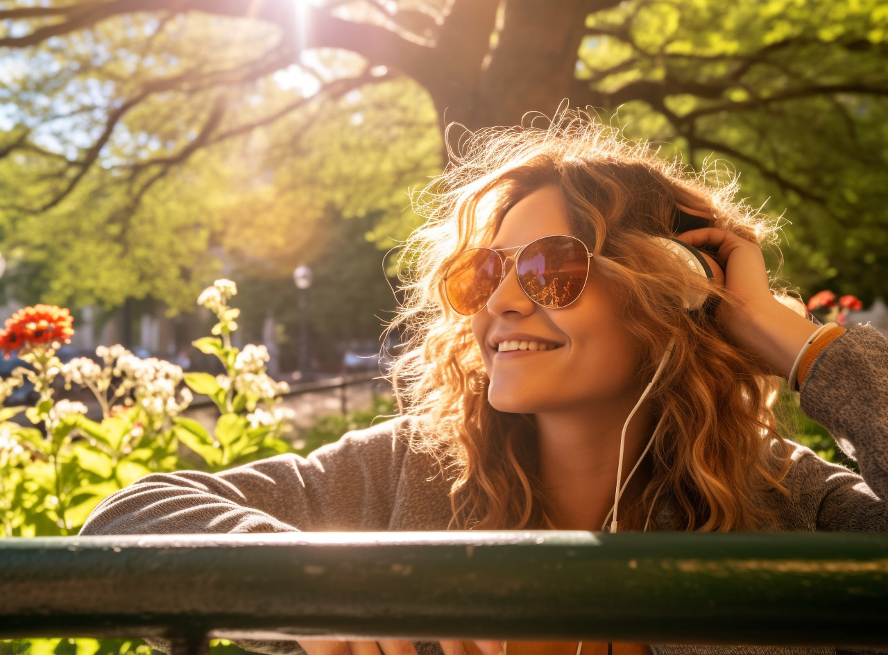 Park bench reflection of young woman, mental health