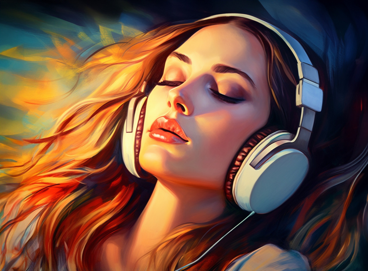 Woman closes eyes in delight as she listens to music, mental health