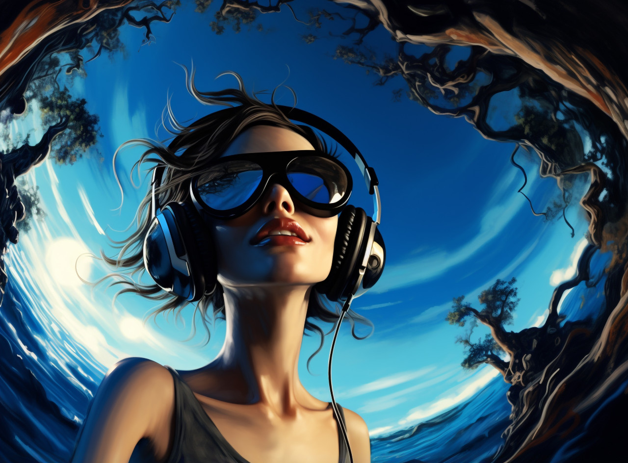 Woman enjoying music in fisheye lens, mental health