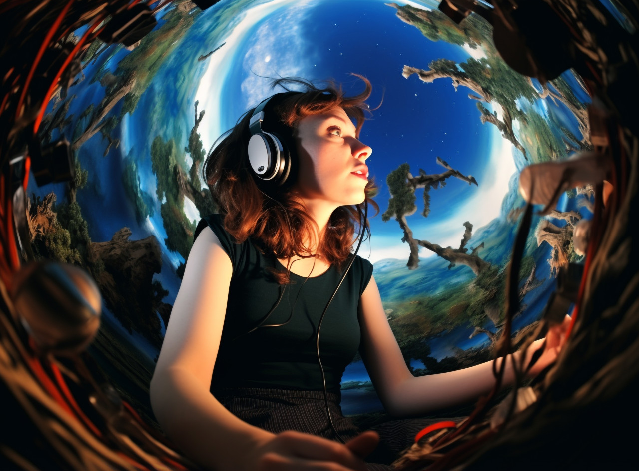 Fisheye lens captures woman in music moment, mental health
