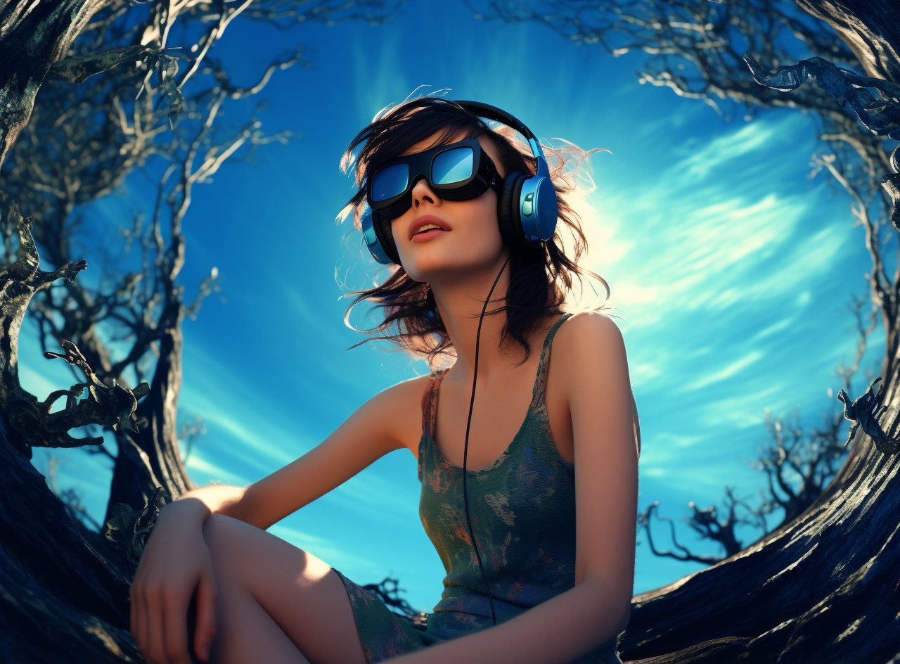 Woman in fisheye listening to headphones, mental health