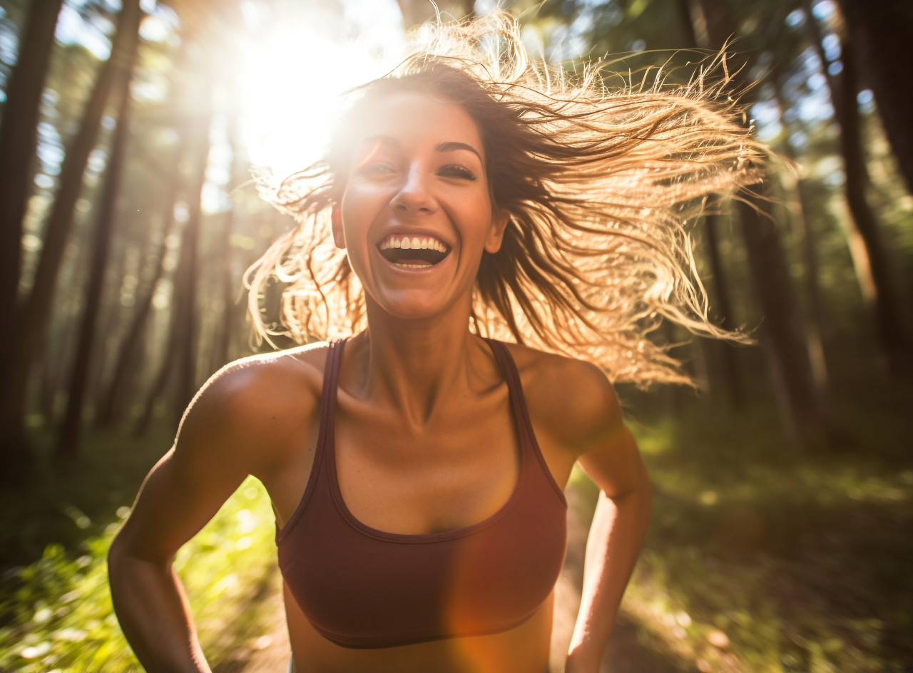 A woman running through a forest her face filled, mental health