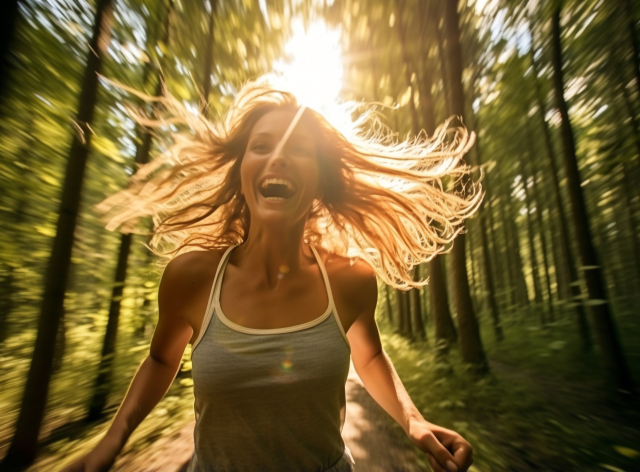 Woman sprints through lush green woods, mental health