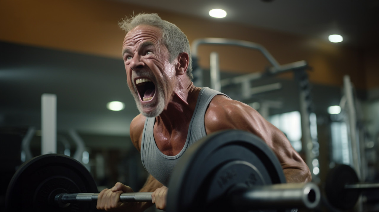 Man sweating while lifting weights, mental health