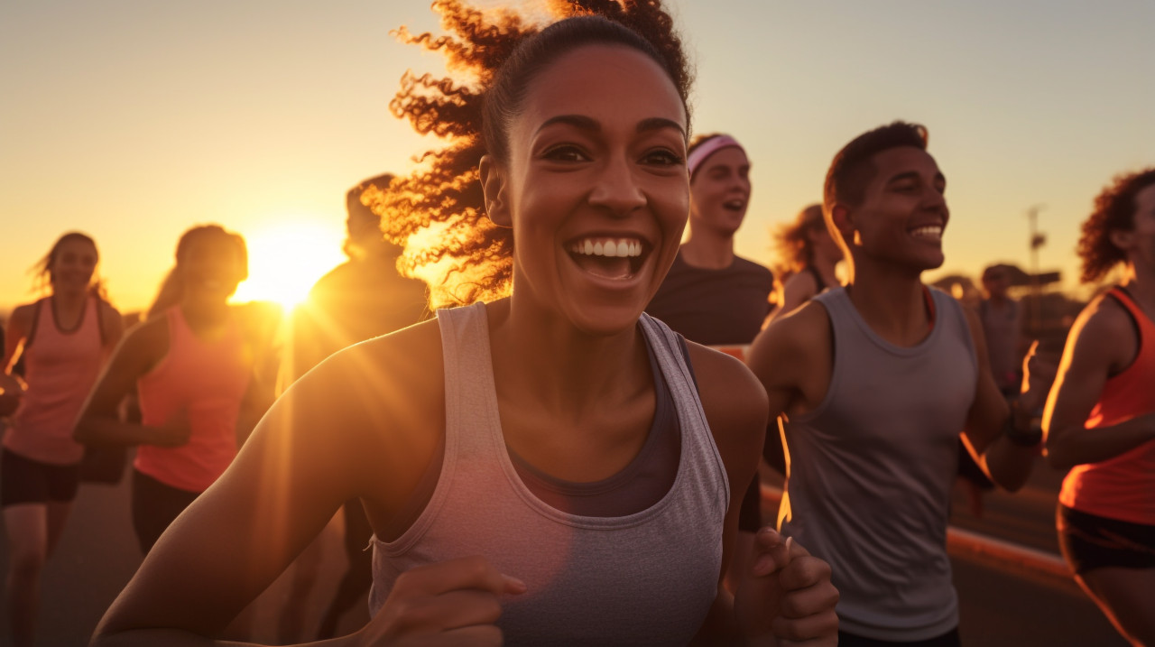 A group of people running a 5k race, mental health