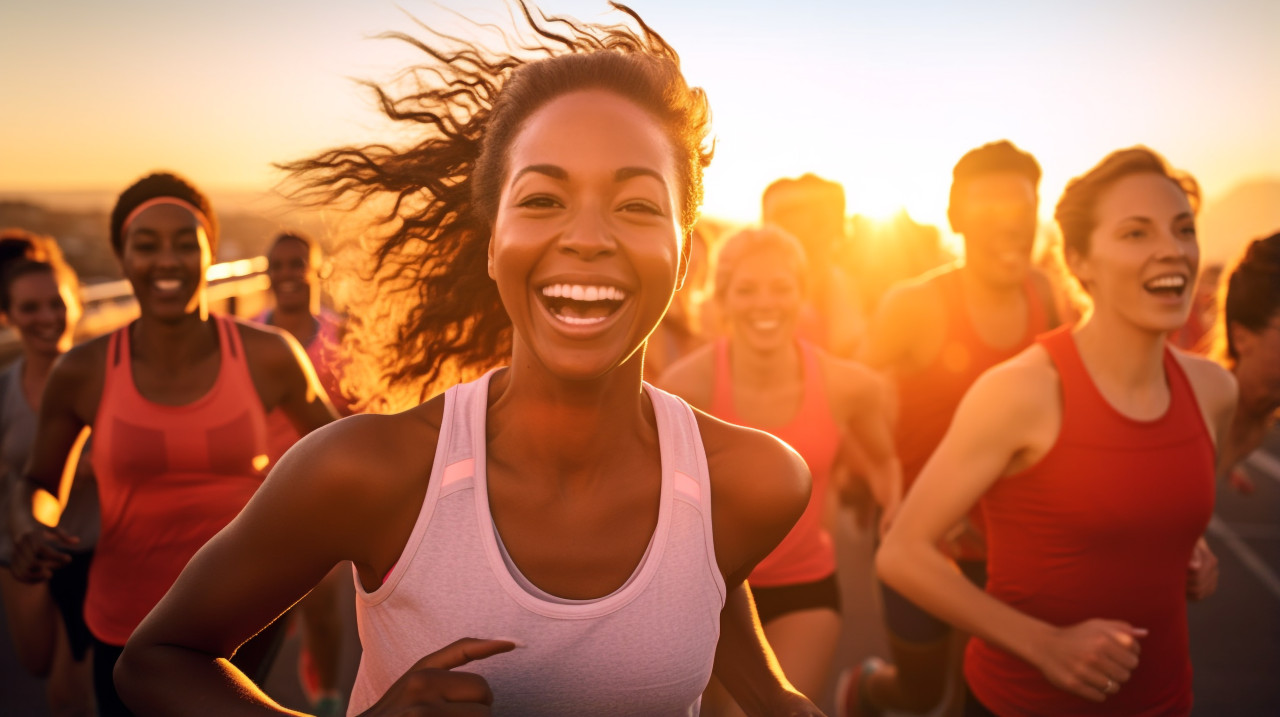 Mens 5k race winners crossing finish line, mental health