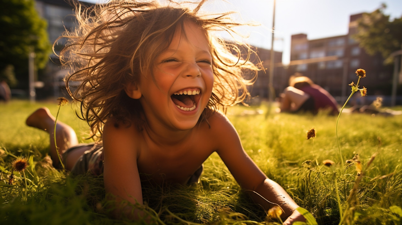 A child laughing as they play in a park, mental health