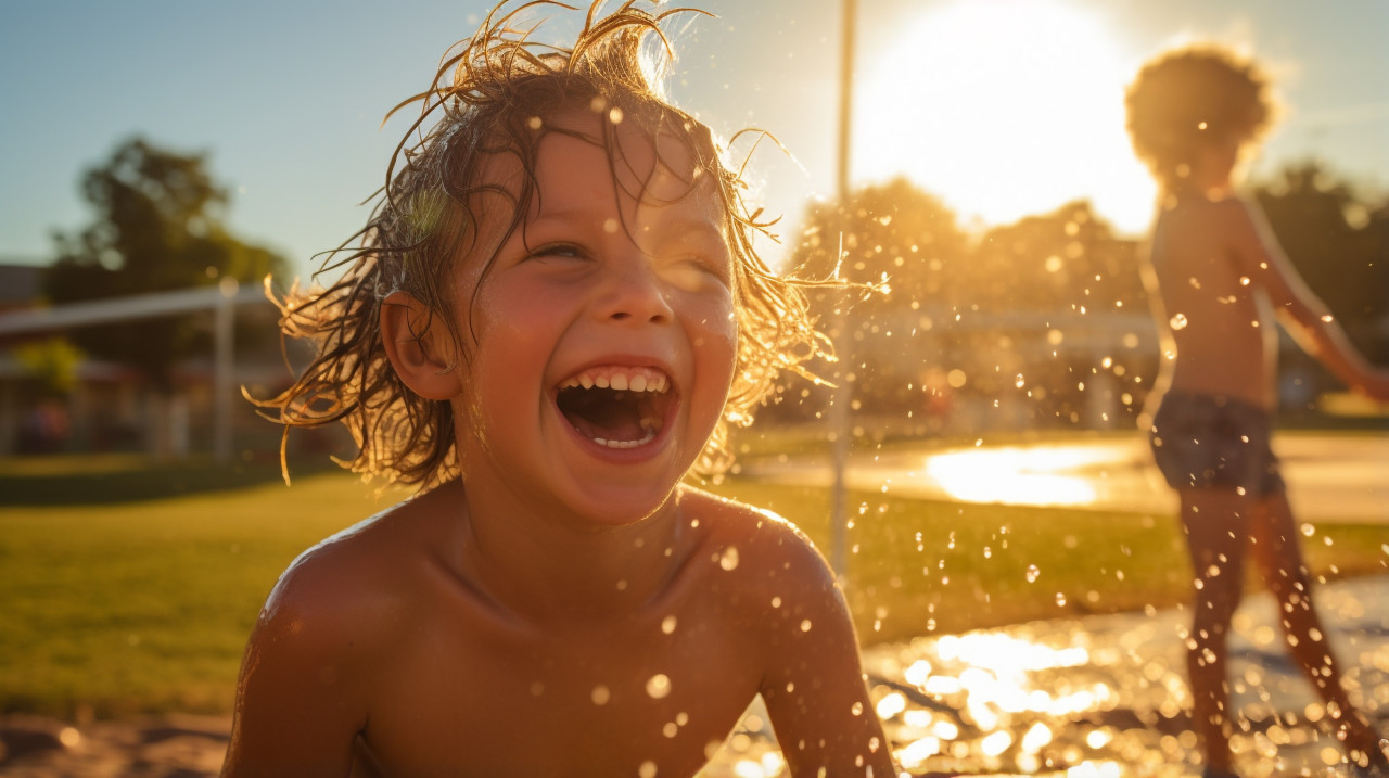 Kids running through sprinklers, mental health