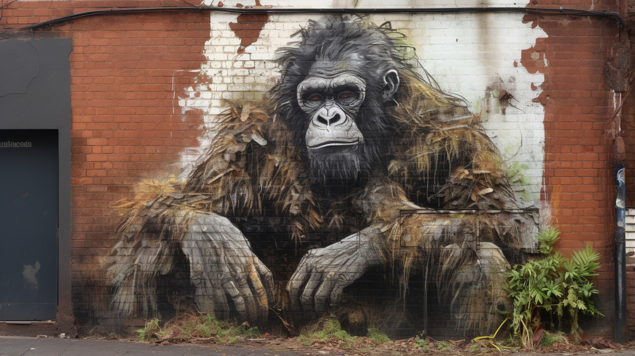 A gorilla on the side of a building, 3d graffiti art
