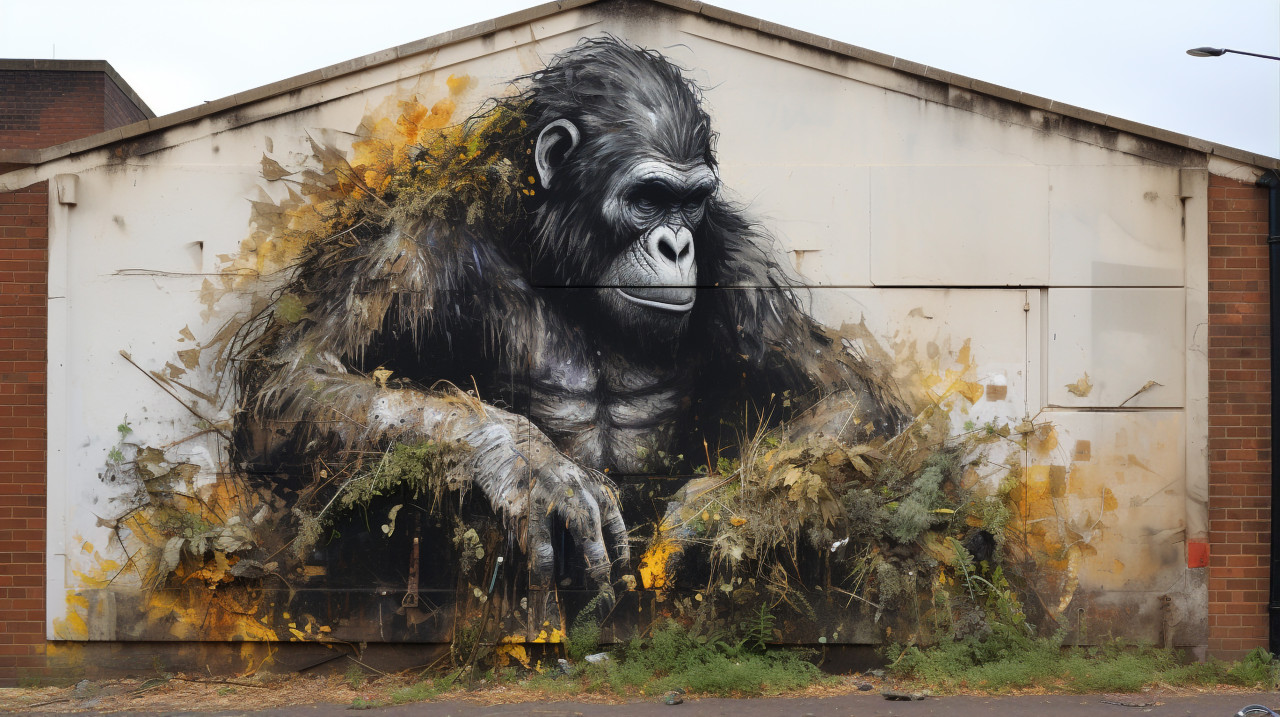 Gorilla sitting on building wall, 3d graffiti art