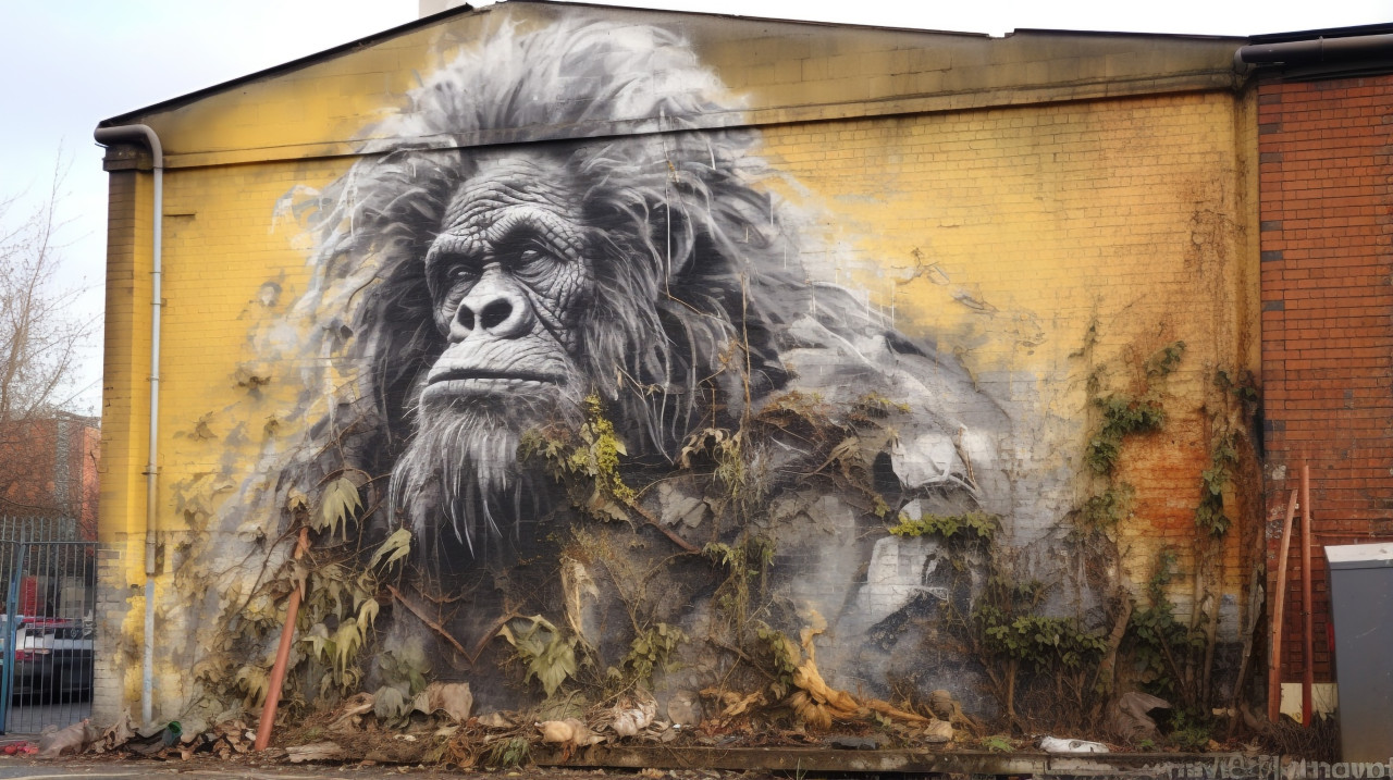 Gorilla perched on building ledge, 3d graffiti art