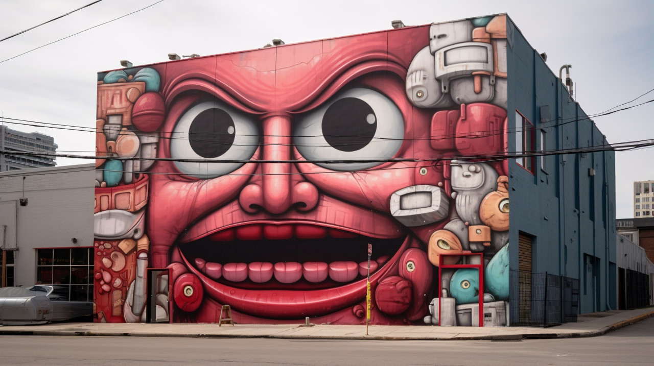 A street mural of large red face thats on a building, 3d graffiti art