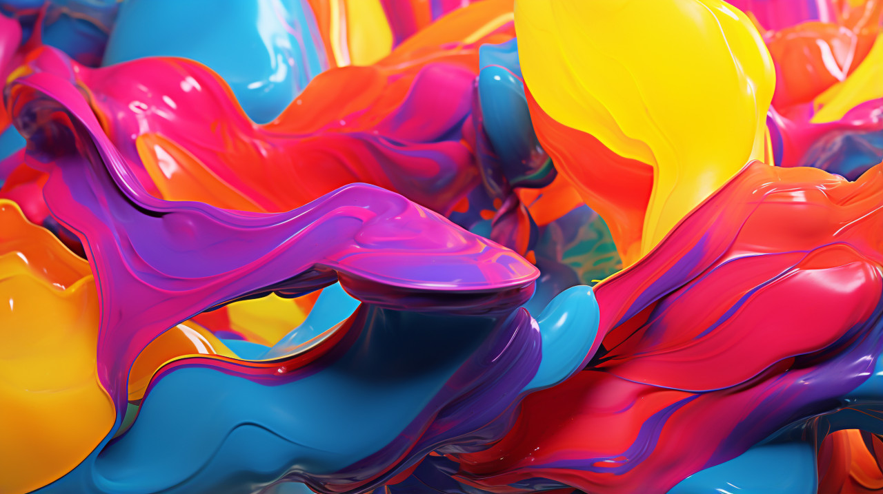 Brightly colored liquids swirl in the air, alcohol ink art