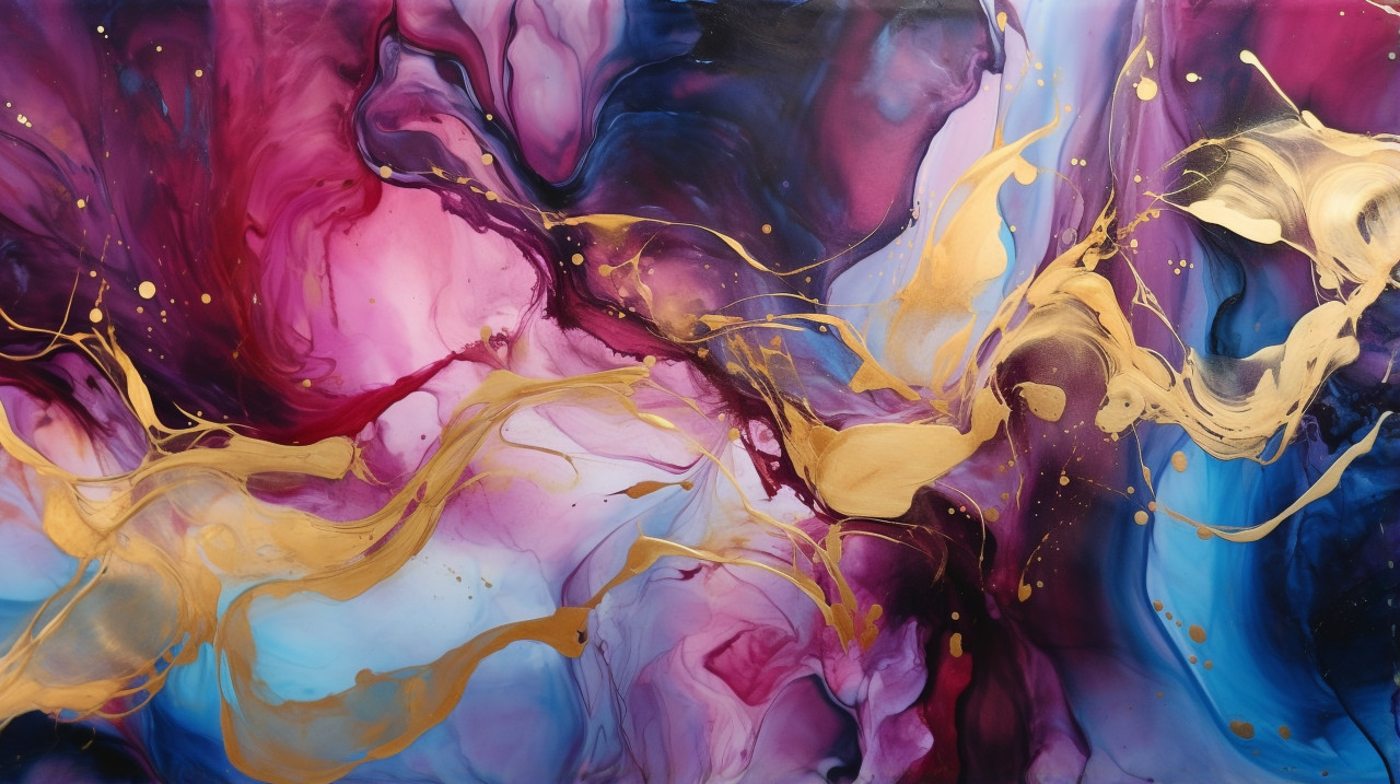 A colorful painting with copper gold and blue elements, alcohol ink art