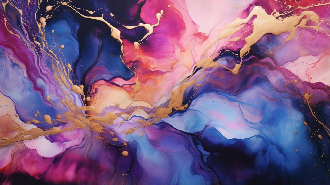 Vibrant abstract painting with metallic elements, alcohol ink art