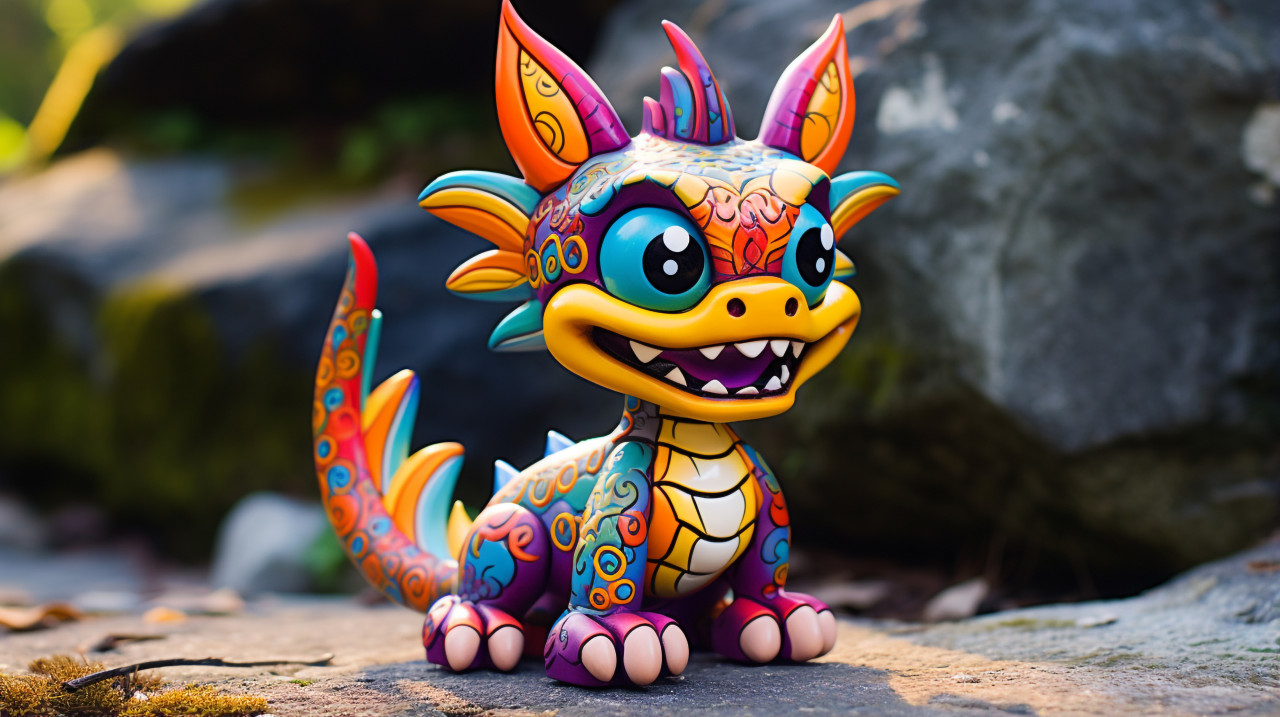 An image of a colorful ceramic figurine on a rock, alebrije style