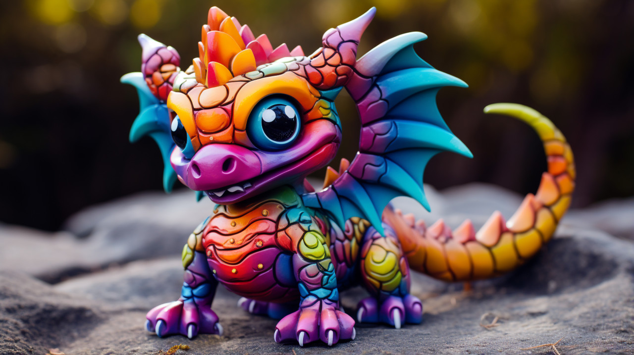 Colorful ceramic figurine on rock, alebrije style