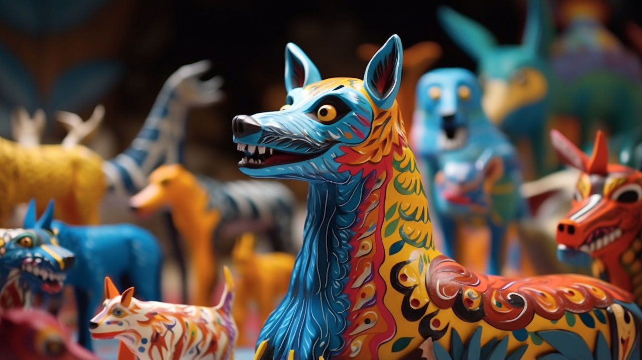 The colorful animals on display on a table, alebrije style