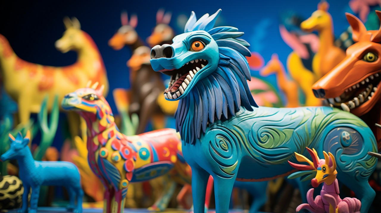 Colorful animals on display, alebrije style