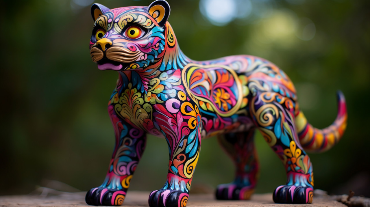 Colorful handcrafted mexican panther figurine, alebrije style