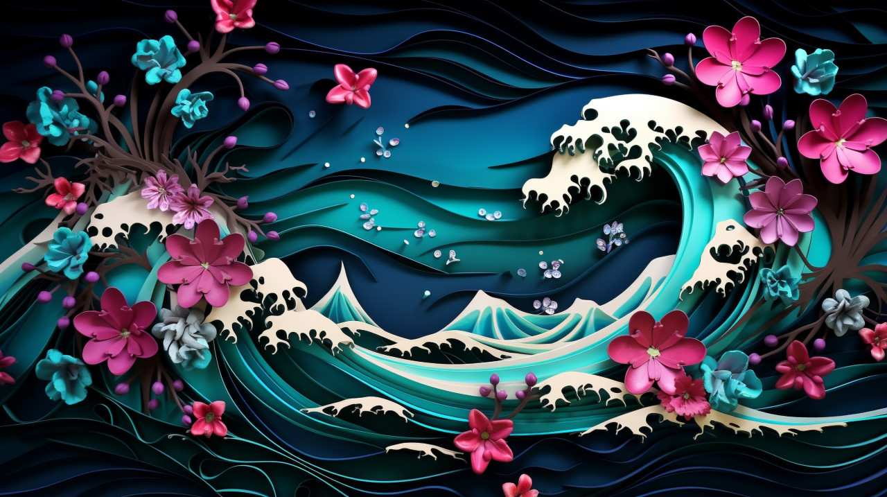 Colorful wave with floral patterns, arabesque style art