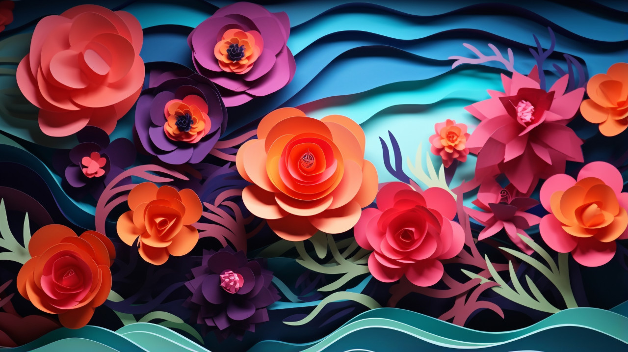Colorful paper cut out flowers are shown in the background, arabesque style art