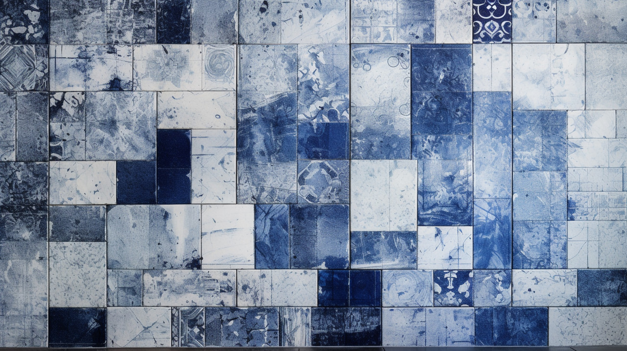 An ornate pattern of blue and white tiles in a background, azulejo art