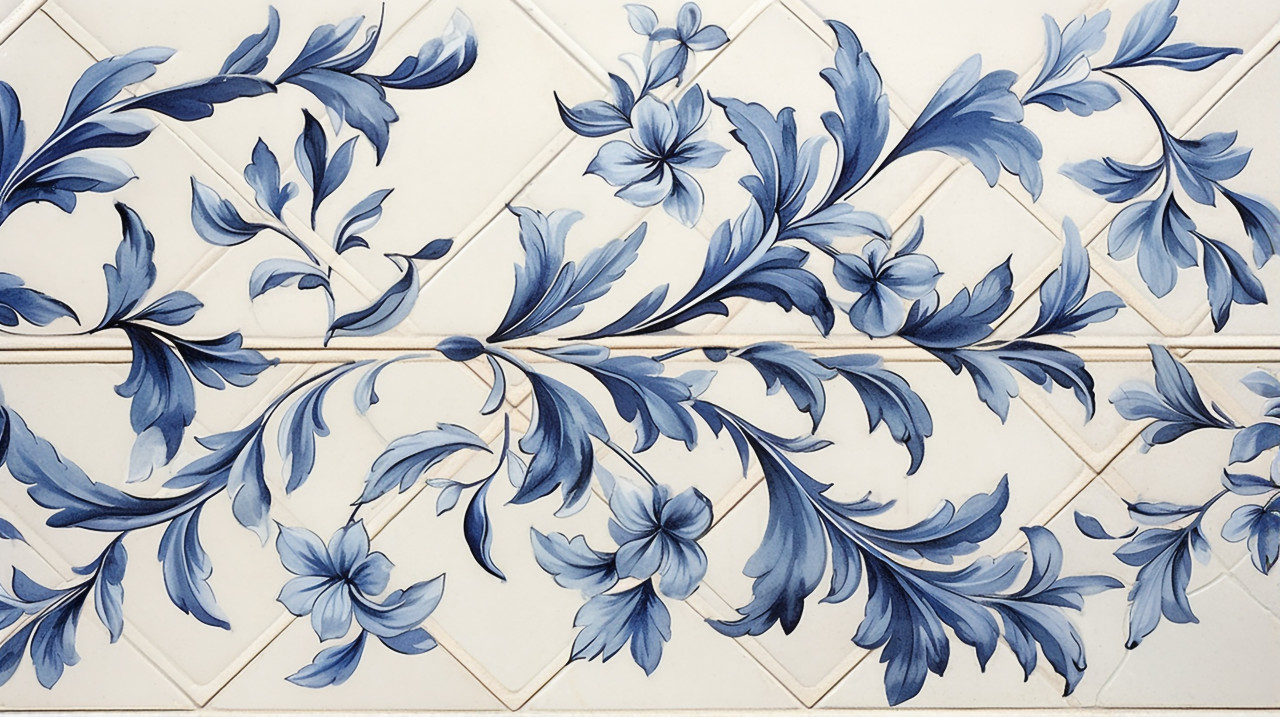 The tile is decorated with a floral pattern in blue and white, azulejo art
