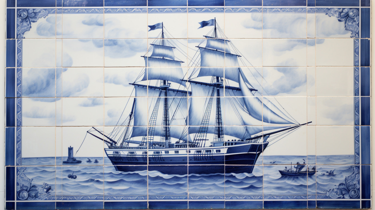 An image of a sailboat in a blue and white tile, azulejo art